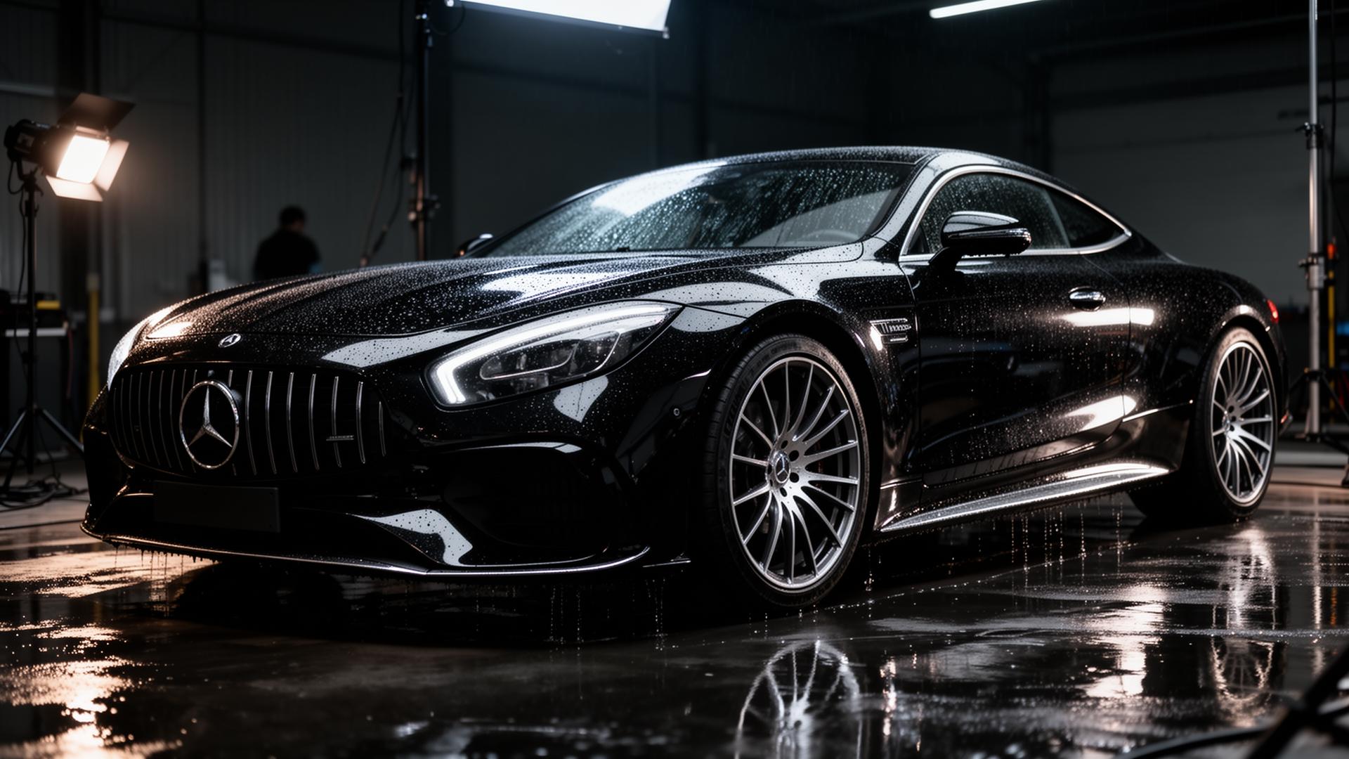 Luxury black sports car being detailed